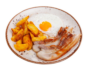 traditional spanish fried pork with fries served on blue plate. Isolated over white background.