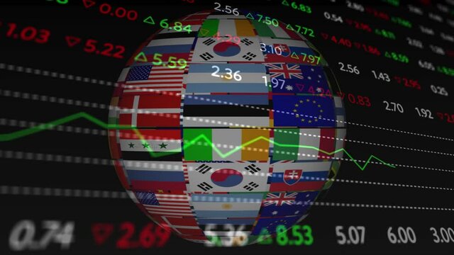 Animation of stock exchange financial data processing over globe formed with flags