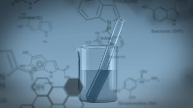 Animation of chemical compound structures against laboratory test tube in beaker