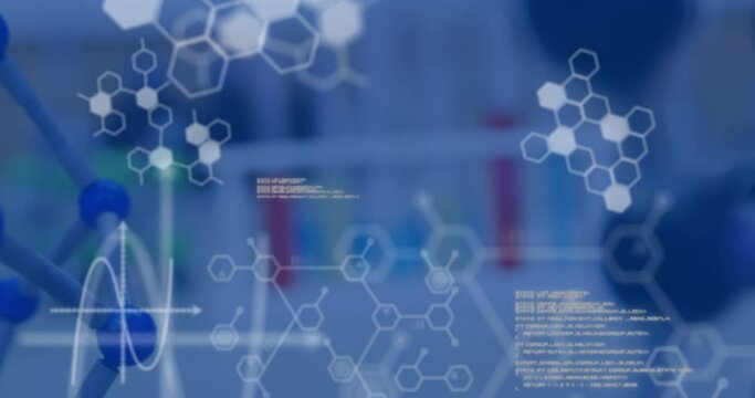 Animation of medical data processing and chemical compound structures against scientific laboratory
