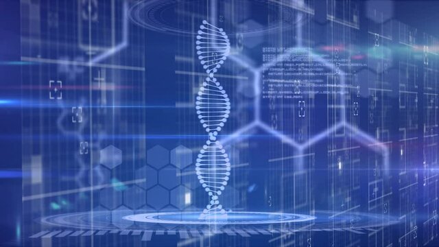 Animation of dna strand, medical data processing and markers on blue background
