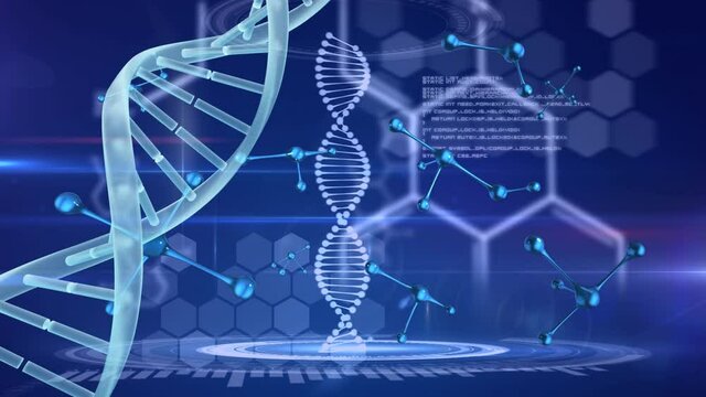 Animation of dna strand, medical data processing and chemical molecules on blue background