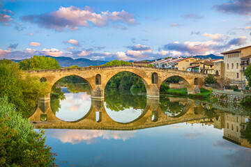 The Iconic Pilgrim Bridge in Puente la Reina, Spain, along the French Way of the Camino de Santiago...
