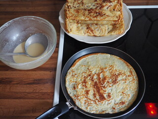 Cooking crepes in frying pan for Candlemas