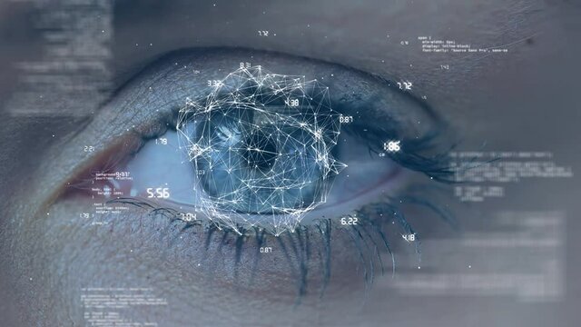 Animation of network of connections and data processing against woman's blue eye