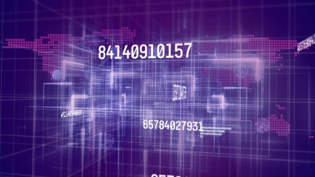 Animation of numbers changing data processing against world map and grid