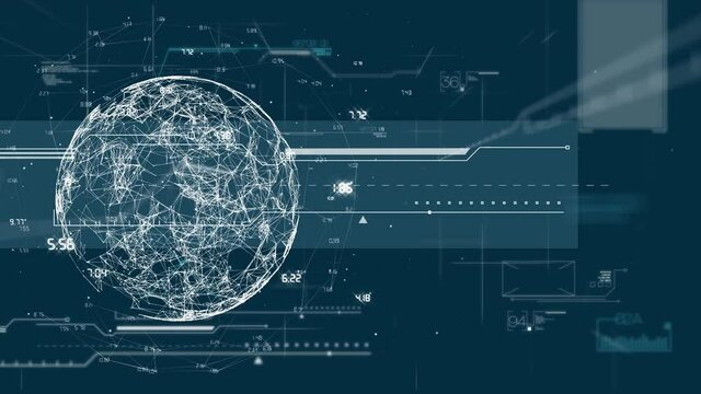 Animation of globe with network of connections data processing over dark background