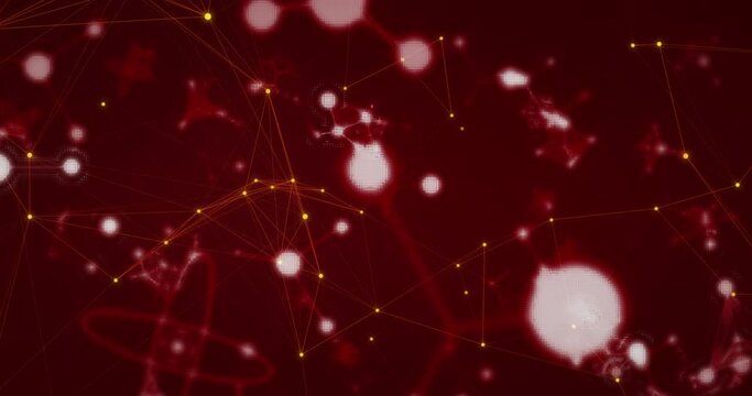 Animation of network of connections with glowing spots and molecules floating