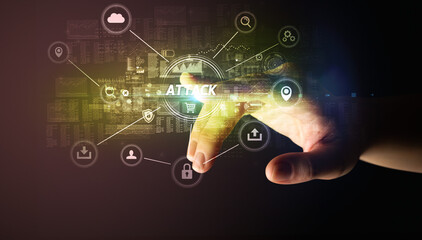 Hand touching ATTACK inscription, Cybersecurity concept