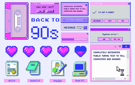 Set of clipart elements with retro obsolete things: floppy disk, user interface icons, etc. Trendy modern fashion patch or sticker set in pixel art style like in old arcade video games of the 80s.