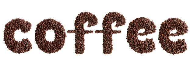 Coffee word from coffee beans isolated on white. Retro style text