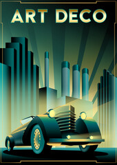 Retro car poster with art deco style. Handmade drawing vector illustration.