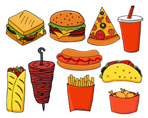 Colorful fast food doodle illustration set. Colorful flat fast food illustrations set in vector. Colorful fast food icons collection in vector