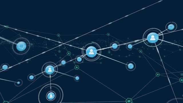Animation of network of connections with people icons on blue background