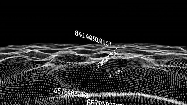 Animation of numbers changing with binary coding data processing in waving mesh