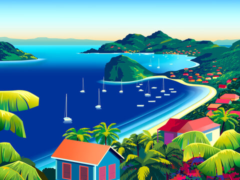 Tropical Island landscape with traditional houses, palm trees, yachts, flowers, islands and the sea in the background.