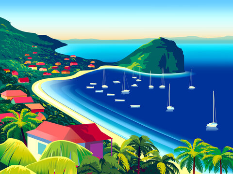 Tropical Island landscape with traditional houses, palm trees, yachts, flowers, islands and the sea in the background.