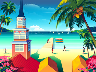 Tropical Island landscape with traditional houses, church, palm trees, yachts, flowers, islands and the sea in the background. Handmade drawing vector illustration. Retro style poster.