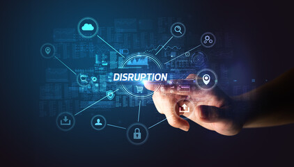 Hand touching DISRUPTION inscription, Cybersecurity concept