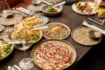 Luxury served evening banquet at modern restaraunt