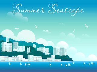 Obraz premium Vector Summer seascape with houses, hotels, embankment, yachts.