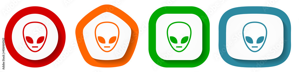 Aufkleber alien face vector icon set, flat design ufo buttons on white background