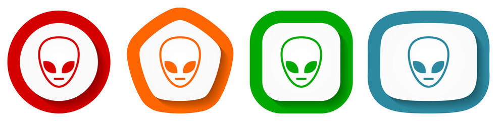 Alien face vector icon set, flat design ufo buttons on white background