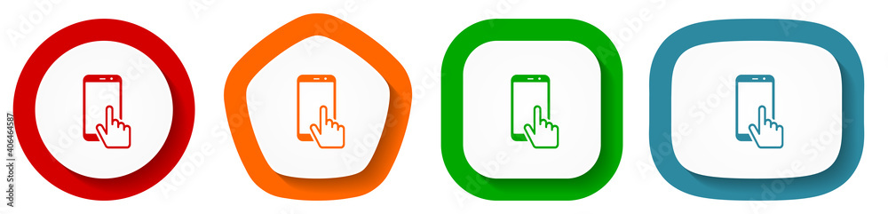 Aufkleber smartphone, mobile phone with hand vector icon set, flat design buttons on white background