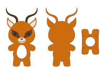 Cute die cut gazelle chocolate egg holder template. Retail paper box for the easter egg. Printable color scheme. Laser cutting vector template. Isolated vector packaging design illustration.