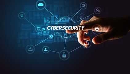 Hand touching CYBERSECURITY inscription, Cybersecurity concept