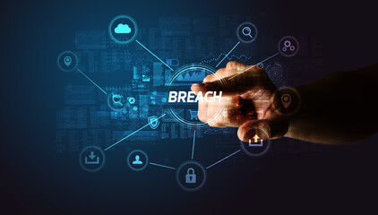 Hand touching BREACH inscription, Cybersecurity concept