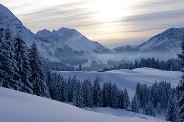 coucher de soleil hivernal dans les Alpes en hiver - Suisse