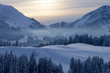 Coucher de soleil dans une vallée alpine Suisse en hiver