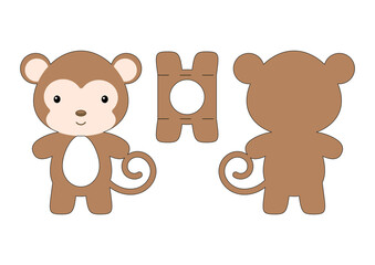 Cute die cut monkey chocolate egg holder template. Retail paper box for the easter egg. Printable color scheme. Laser cutting vector template. Isolated vector packaging design illustration.
