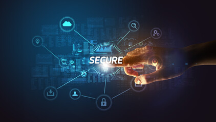 Hand touching SECURE inscription, Cybersecurity concept