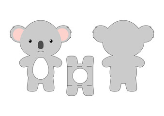 Cute die cut koala chocolate egg holder template. Retail paper box for the easter egg. Printable color scheme. Laser cutting vector template. Isolated vector packaging design illustration.