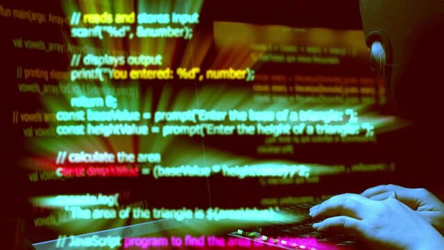 Hacker or cyberterrorist breaks in to information networks - scrolling data on the screen