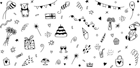 Vector doodle birthday set of elements. Hand-drawn illustration with cake, balloons, gift boxes.