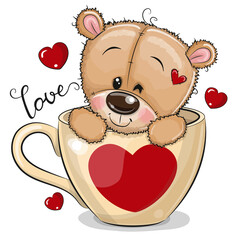 Cute Cartoon Teddy bear is sitting in a Cup with heart print