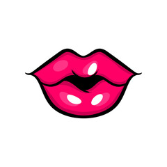 Pink red woman kiss lips in pop art style isolated on white background. Cartoon girl make up vector illustration. Sexy pop art lips sticker with. Vintage cartoon pop art of girl pink lips.