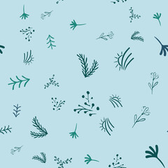 Abstract floral seamless pattern, hand drawn plant elements with leafs, vector blue background. Doodle texture. Vecotr illustration for fabric, textile, wrapping