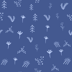 Fototapeta na wymiar Abstract floral seamless pattern, hand drawn plant elements with leafs, vector blue background. Doodle texture. Vecotr illustration for fabric, textile, wrapping