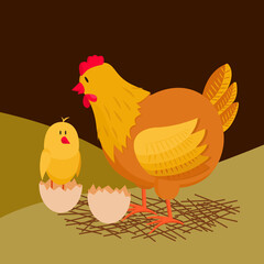 Hen and chick. Vector illustration for animation. Editable strokes. A chicken and a chicken that hatched from an egg. The birth of a chicken.
