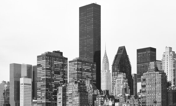 Black and white picture of New York City east side skyline, USA.