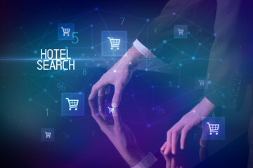 Online shopping with HOTEL SEARCH inscription concept, with shopping cart icons