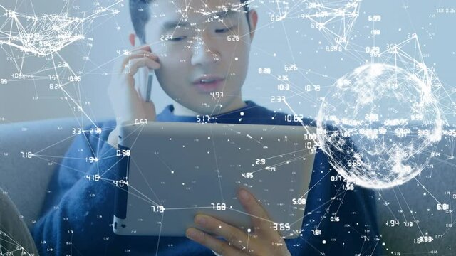 Animation of network of connections with globe over man using smartphone and digital tablet