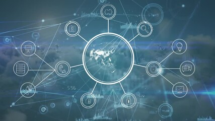 Digital animation of spinning globe with network of connections icons against clouds in the sky - Powered by Adobe