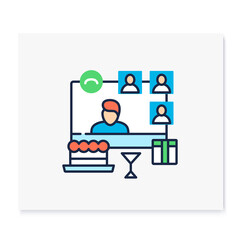 Online birthday color icon. Meeting together concept. Live stream holiday celebration. Social distanced party. Remote public event, community. Isolated vector illustration