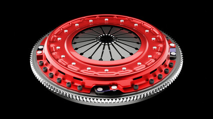 Obraz premium Clutch kit assembly on a completely black background, part of a series; spare parts sale concept