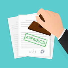 Flat icon with approved stamp hand for paper design. Business concept. Vector illustration.
